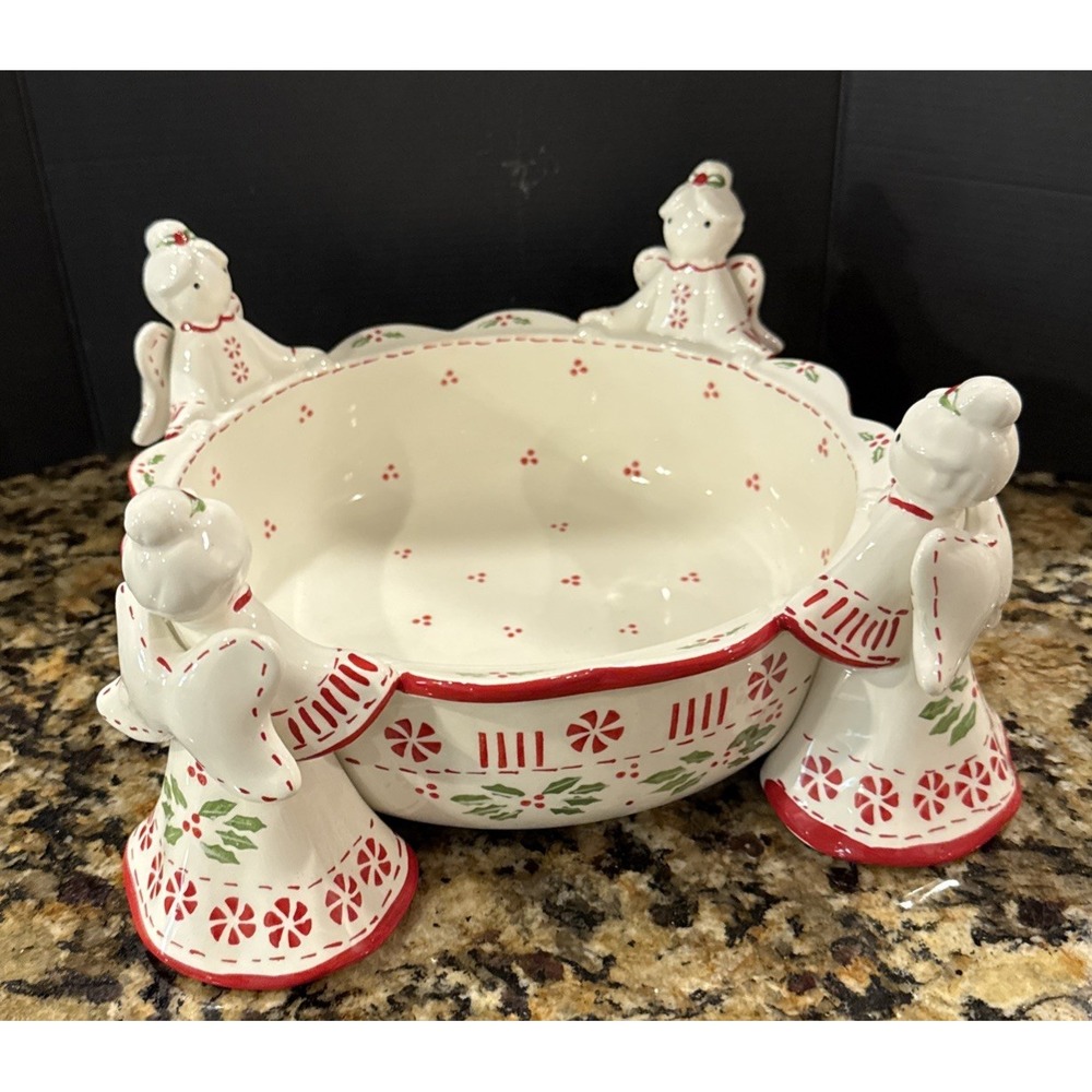Temptations Angel Ceramic Christmas Holiday Serving Bowl 1.5 Qt Holly Berry